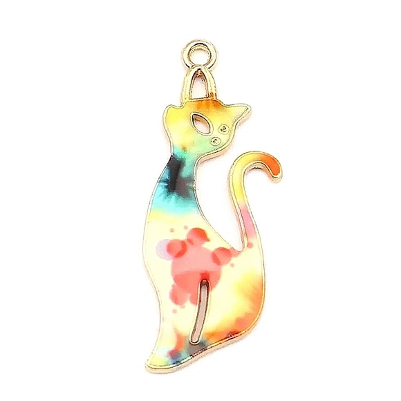 5 handmade pair of enamel colorful cat charm earrings with gold hooks. - Picture 4 of 6